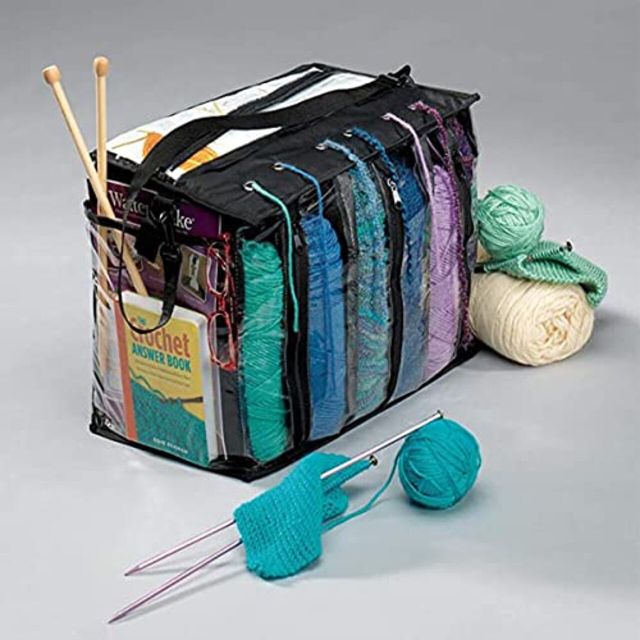 MEKBOK Knitting Organizer Portable Knitting Yarn Storage Bag With Multiple  Pockets, Individual Compartments, Carrying Shoulder Strap - Clear Plastic Tote  Bag For Needles, Crochets & Threads